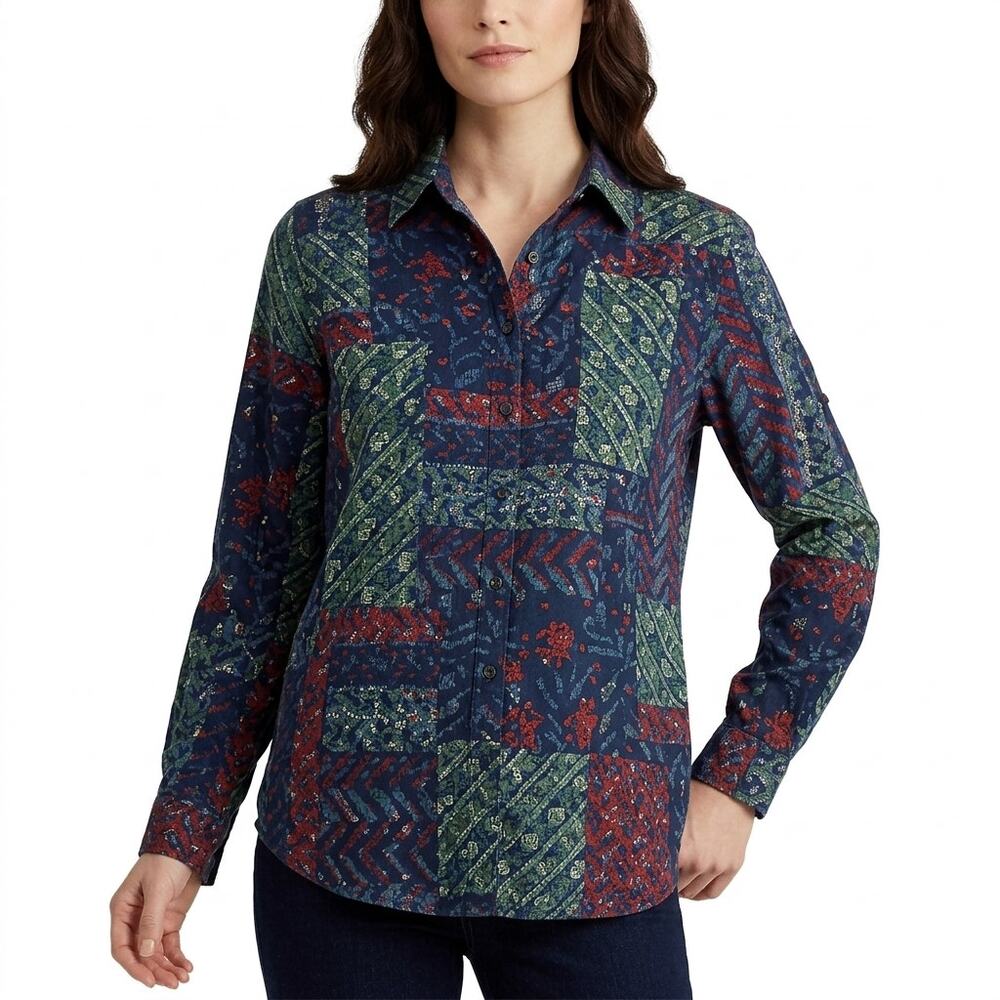 LAUREN RALPH Geometric Button-Up Blouse Women Long Sleeve Woven Size L
